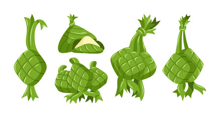 Ketupat Rice Cakes Vector Set. Traditional Southeast Asian food for Eid al-Fitr and festive celebrations.