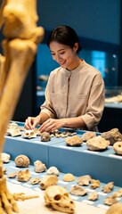 Young woman examines ancient artifacts and bones on display