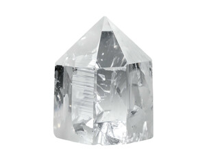 Clear faceted crystal with sharp geometric facets, white background
