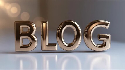 Golden metallic blog text standing upright on glossy reflective surface with soft glowing bokeh lights, symbolizing online content, ideas, writing, internet trends.