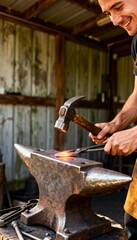 Skilled smith hammers glowing metal on anvil in rustic workshop