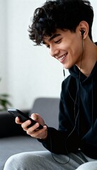 Young man with headphones, smiling, looking at smartphone