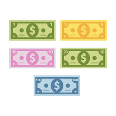 Colorful Dollar Banknotes Set Flat. Vector illustration
