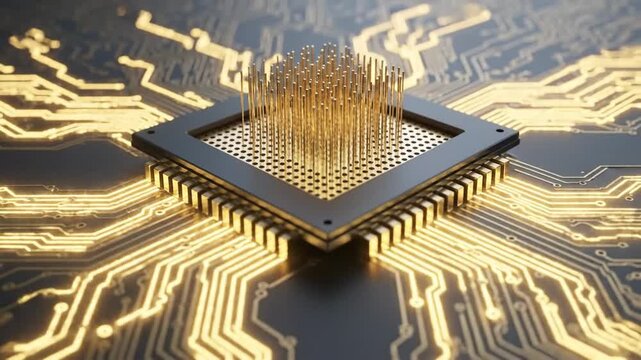 Close-up of a central processing unit with golden pins and intricate circuit patterns.