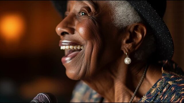 An elderly woman smiles while singing into a microphone, showcasing the joy of music and performance in an intimate setting.