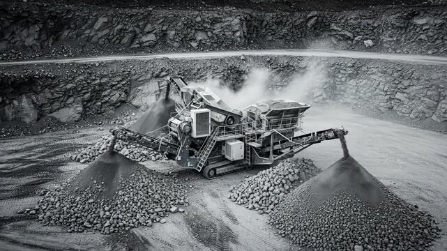 Monochrome image showcasing a large industrial crusher in a quarry environment.