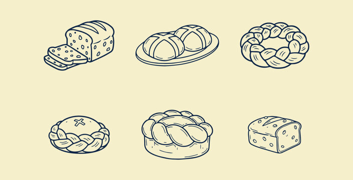 Easter Bread Icons Set &ndash; Hand Drawn Bakery Buns and Braided Loaf Vector | Vintage Easter Bakery Collection &ndash; Hot Cross Buns and Braided Wreath Bread Line Art