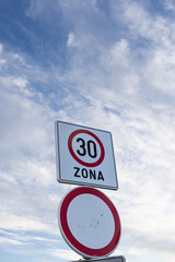 Obraz premium Traffic Signs Show 30 Zone Speed Limit With No Entry Plate, Orebic, Croatia