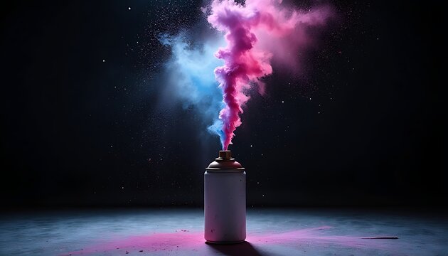 Spray can with pink and blue smoke on dark background, colorful artistic expression and creativity concept - Powered by Adobe