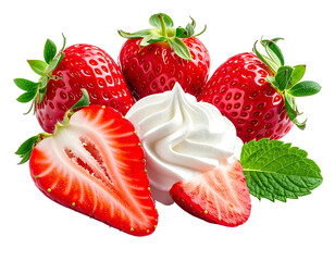 Fresh strawberries with whipped cream and mint on black background