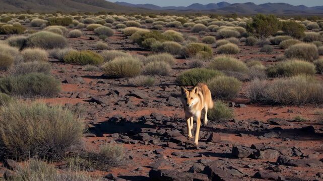 Wide-angle video frame capturing a lone animal in a vast desert landscape, showcasing arid terrain and distant mountains under a clear sky.