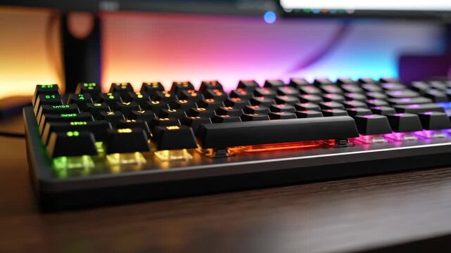 A mechanical gaming keyboard with glowing RGB backlighting. Colorful lights cycle in a rainbow wave pattern on a modern PC peripheral