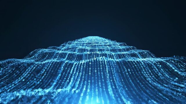 Flowing blue digital data waves across binary landscape.
