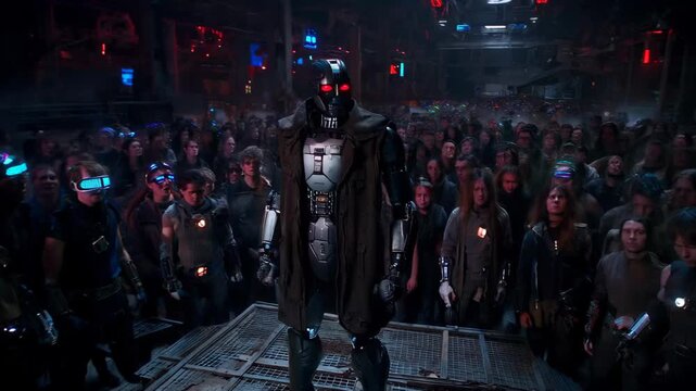 Futuristic Leader & Crowd: In a dimly lit, high-tech setting, a formidable figure stands before a densely packed crowd, their faces a mix of anticipation and deference.
