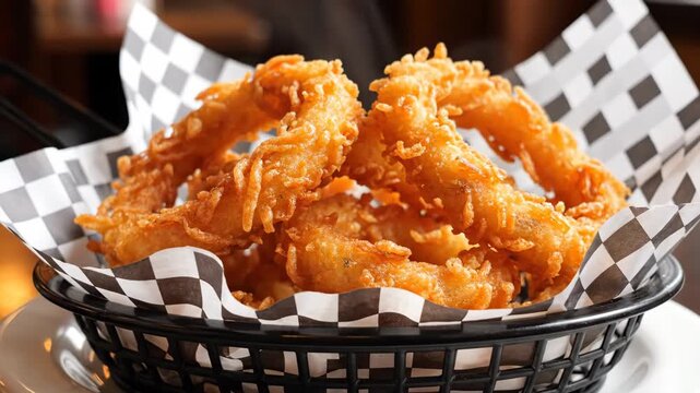 Golden Crispy Onion Rings Stacked in Black Wire Basket Lined with Black and White Checkered Paper on a White Plate and Dark Wood Tabletop