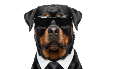 Rottweiler Dog Wearing Sunglasses and Suit.