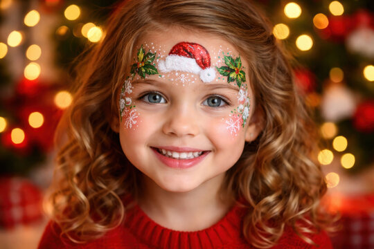 Happy child girl with christmas face painting in festive holiday portrait. beautiful smile on her face for season celebration while wearing cozy red sweater