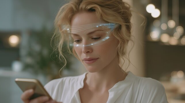 Smart home concept scene featuring woman using app to synchronize kitchen appliances, futuristic holographic connections symbolizing modern digital living. cinematic color correction, natural - Powered by Adobe