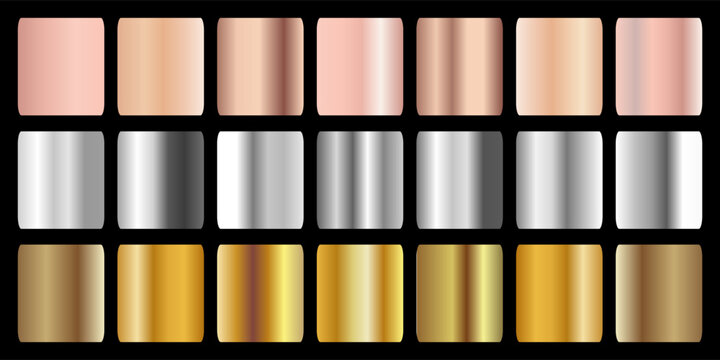 Collection of gold silver bronze and rose gold gradient texture background vector