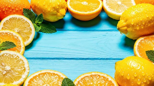 Vibrant fresh citrus frame with lemons, oranges, and mint on blue wood. Flat lay with water drops and copy space. Healthy eating concept