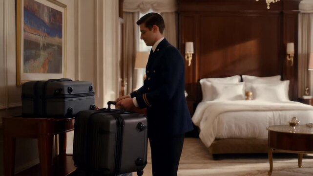 Luxurious Hotel Preparation: A meticulously dressed hotel staff member, engaged in the important task of managing guest's luggage with grace and precision.
