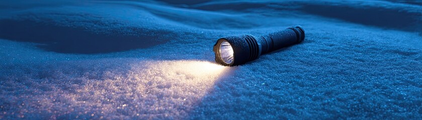 A flashlight illuminates snowy terrain, casting a blue glow on the surface, creating a stark contrast in a cold, wintry environment.