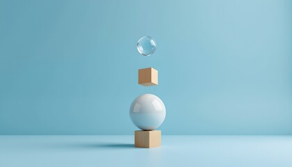 Abstract spheres and cubes levitating in balance, surreal lifestyle metaphor, pastel blue background, soft studio lighting, minimal composition with copy space.