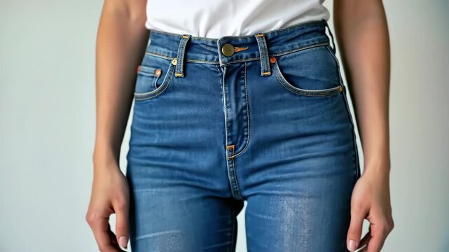 Woman showcasing her hands in pockets while wearing blue jeans and a white t-shirt, highlighting casual fashion