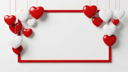 Valentines day frame with red and white hearts and balloons on white background for love and romance