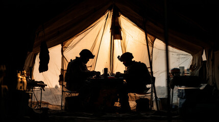 Two soldiers in silhouette sit at a table in a lit tent at night
