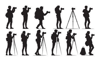 Photography profession vector: Reporter and cameraman character bundle on white