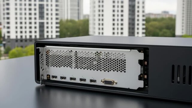Close up rear view of external graphics card enclosure with multiple video outputs and urban background