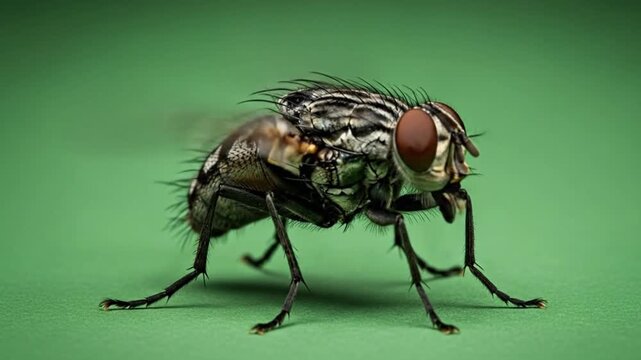 Close-up Macro Shot of a Housefly with Detailed Features on a Green Background, Capturing its Unique Anatomy