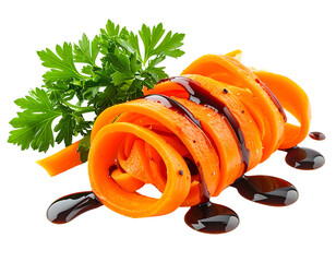 Bright orange vegetable ribbons drizzled with dark glaze, garnished with herbs