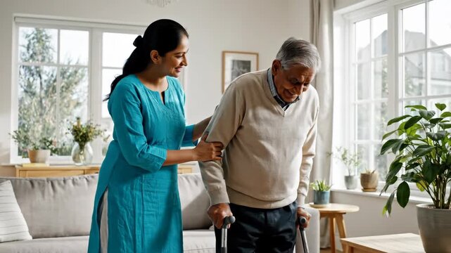 young indian woman assisting senior man walking with crutches at home. daughter supporting father during rehabilitation. elderly care and recovery concept. healthcare brochure, medical blog.
