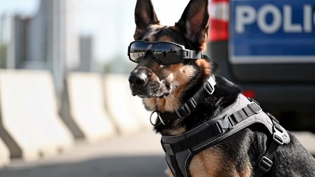 German Shepherd police dog in tactical gear. K9 unit dog wearing goggles and harness sitting by a police vehicle. Law enforcement and security concept