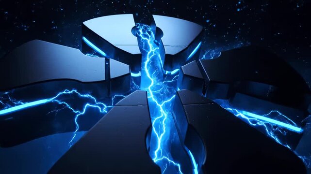 Futuristic Neon Energy Cross Emblem With Electric Blue Glow in Dark Sci Fi Space