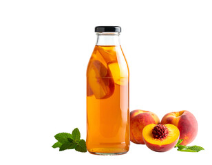 Refreshing amber beverage with peach slices in a glass bottle