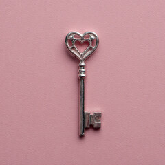A silver key with a heart shaped top lies on a pink background