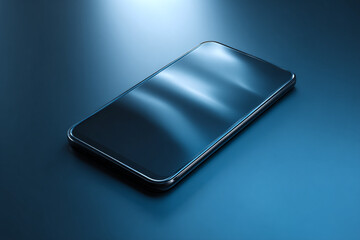 A sleek smartphone lies on a blue surface with a spotlight shining on its screen