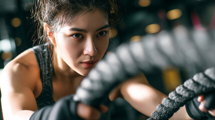 A woman engaging in an intense workout with battle ropes in a gym setting