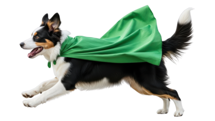 Superhero Border Collie Dog Running with Green Cape.