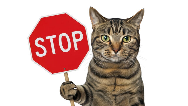 Tabby cat holding a red stop sign.