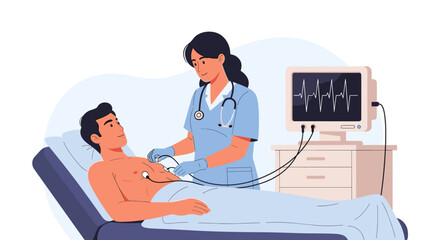 Nurse conducting an electrocardiogram (ECG) on patient for training materials in cardiology and healthcare education