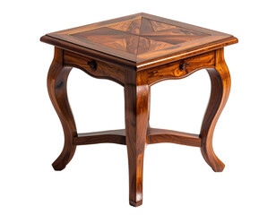 Ornate wooden end table with curved legs and patterned top