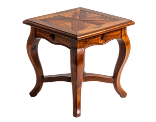 Ornate wooden end table with curved legs and patterned top