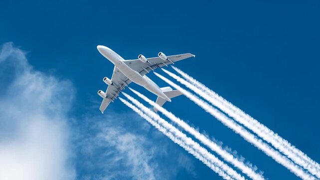Large passenger airplane flying at high altitude with white contrails against bright blue sky and clouds