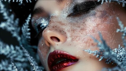 An alluring close-up shot of a woman's face featuring glittering makeup and vibrant lips.