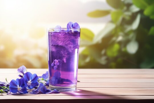 Vibrant purple butterfly pea flower drink with ice and fresh flowers on a wooden table