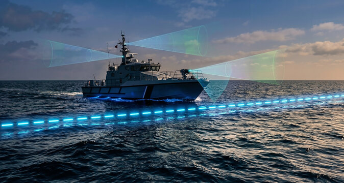 Coastal patrol vessel equipped with multiple green radar scanning beams for real-time maritime security and situational awareness.
